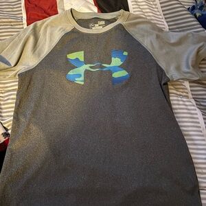 Under Armour Boys Gray Short Sleeve Tee with Blue & Lime Logo